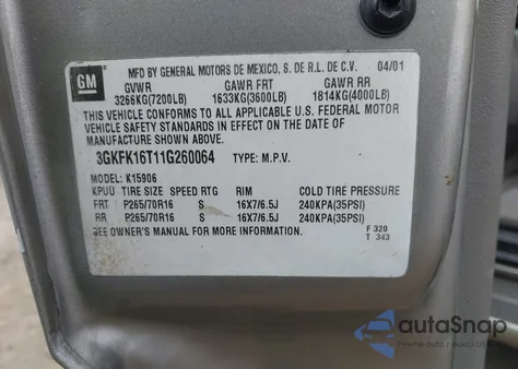 2001 GMC Yukon Xl 1500 Sle from USA, damaged, VIN 3GKFK16T11G260064